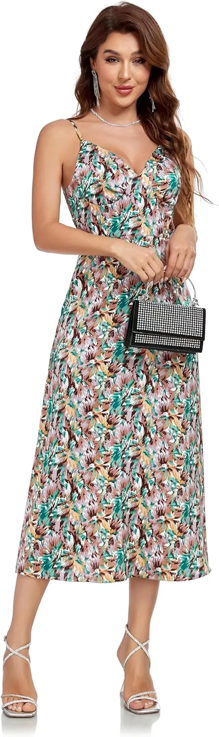 Womens Midi Satin Silk Spaghetti Strap Dresses Slip V Neck Cocktail Casual Party Sexy Dress