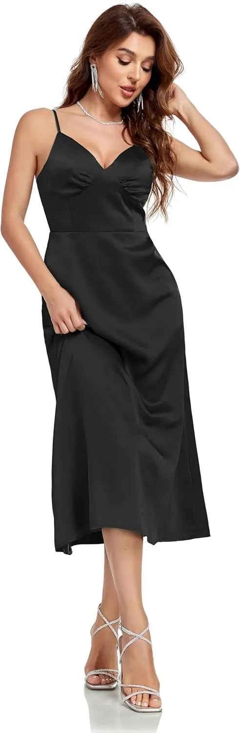 Womens Midi Satin Silk Spaghetti Strap Dresses Slip V Neck Cocktail Casual Party Sexy Dress