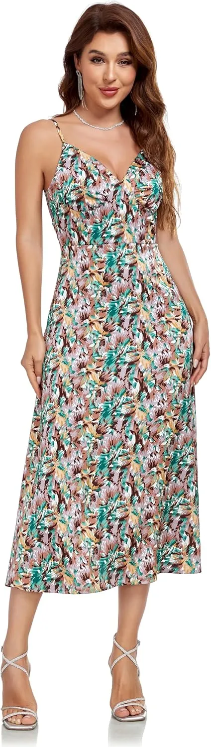 Womens Midi Satin Silk Spaghetti Strap Dresses Slip V Neck Cocktail Casual Party Sexy Dress