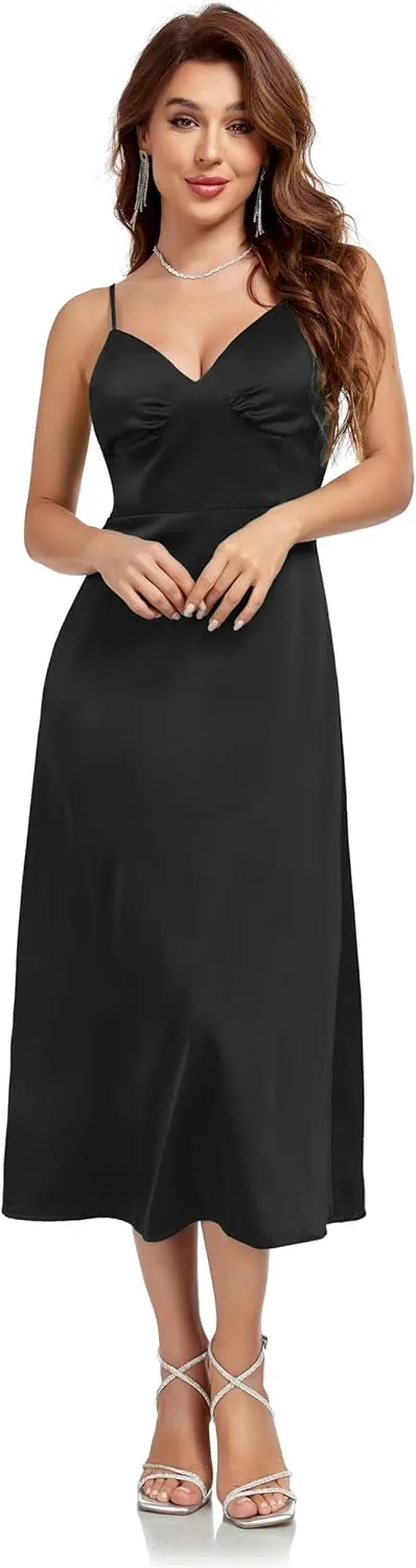 Womens Midi Satin Silk Spaghetti Strap Dresses Slip V Neck Cocktail Casual Party Sexy Dress