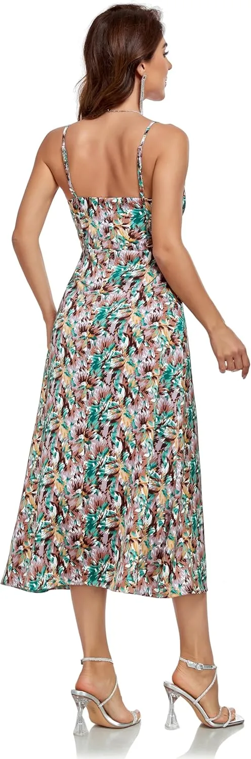 Womens Midi Satin Silk Spaghetti Strap Dresses Slip V Neck Cocktail Casual Party Sexy Dress