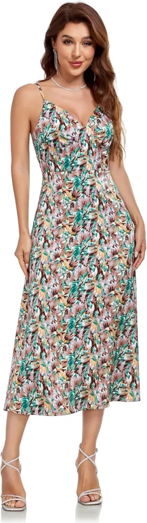 Womens Midi Satin Silk Spaghetti Strap Dresses Slip V Neck Cocktail Casual Party Sexy Dress