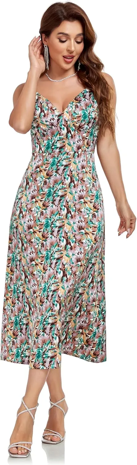 Womens Midi Satin Silk Spaghetti Strap Dresses Slip V Neck Cocktail Casual Party Sexy Dress