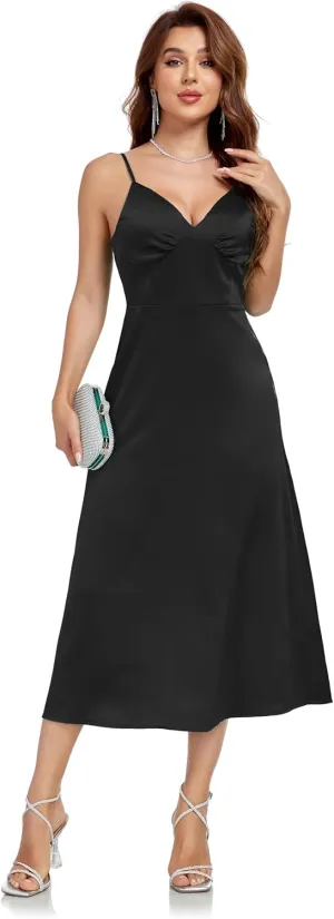 Womens Midi Satin Silk Spaghetti Strap Dresses Slip V Neck Cocktail Casual Party Sexy Dress