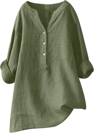 Women's Short Sleeve Cotton Linen Shirt Casual V Neck Trendy T Shirt Collared Button Down Loose Summer Tops