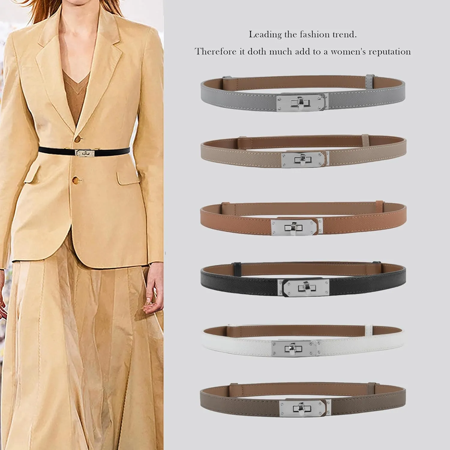 Women's Skinny Leather Belt with Adjustable Silver Turn-Lock Buckle - Ideal for Dresses, Jeans, and Coats, Black