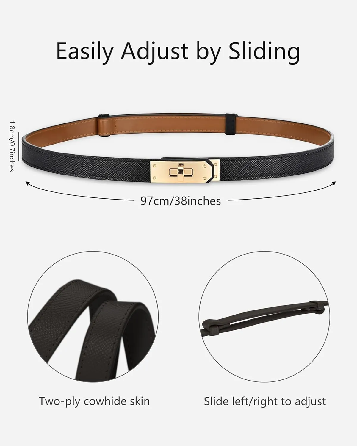 Women's Skinny Leather Belt with Adjustable Silver Turn-Lock Buckle - Ideal for Dresses, Jeans, and Coats, Black