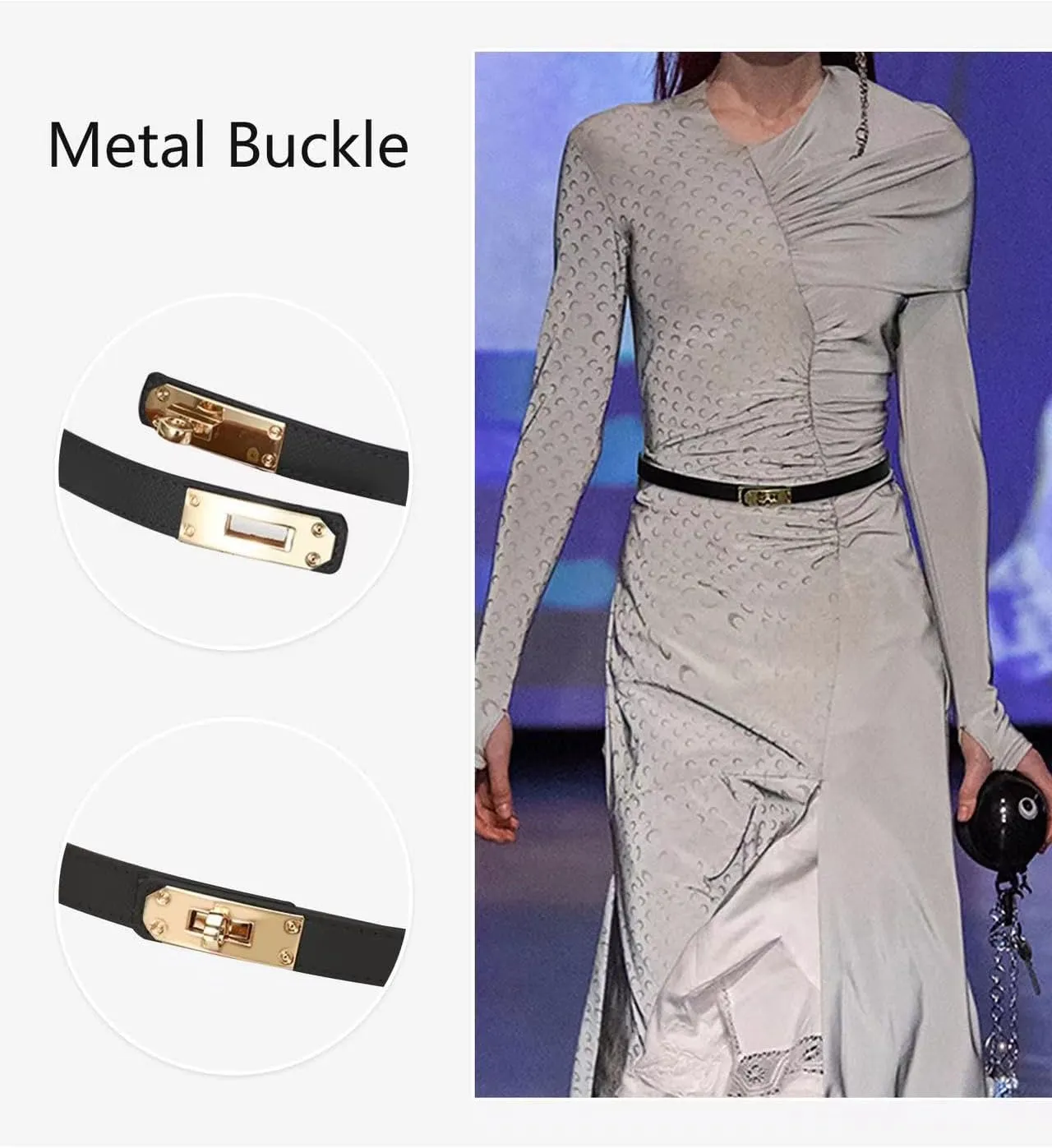 Women's Skinny Leather Belt with Adjustable Silver Turn-Lock Buckle - Ideal for Dresses, Jeans, and Coats, Black