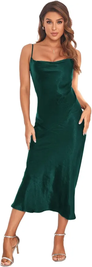 Women's Spaghetti Strap Midi Satin Silk Dresses Slip Cowl Neck Party Cocktail Evening Sexy Dress