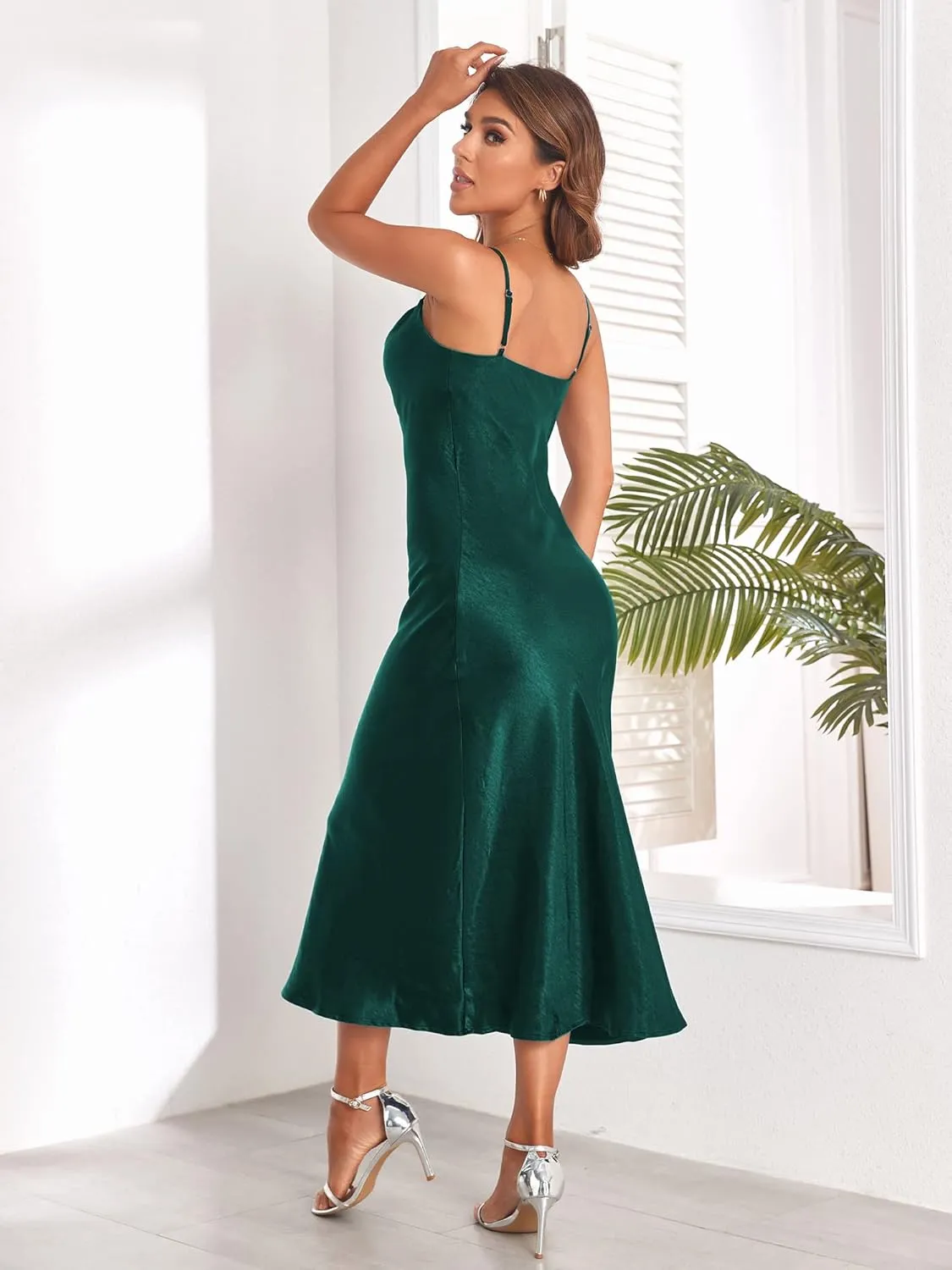 Women's Spaghetti Strap Midi Satin Silk Dresses Slip Cowl Neck Party Cocktail Evening Sexy Dress