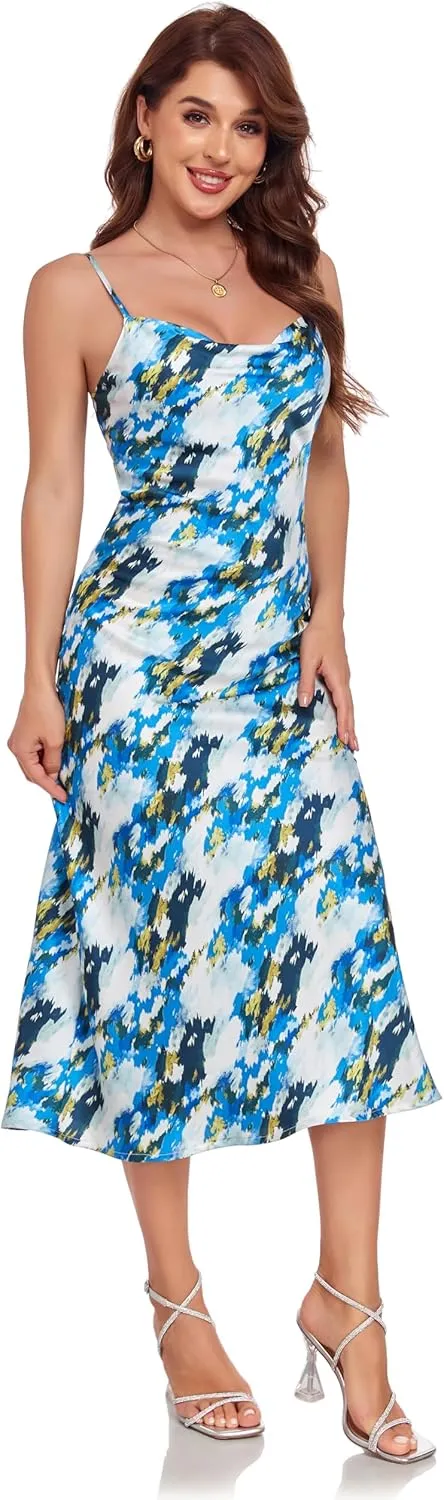 Women's Spaghetti Strap Midi Satin Silk Dresses Slip Cowl Neck Party Cocktail Evening Sexy Dress