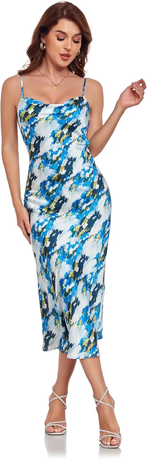Women's Spaghetti Strap Midi Satin Silk Dresses Slip Cowl Neck Party Cocktail Evening Sexy Dress