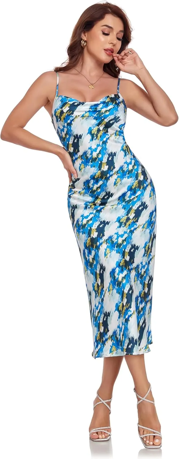 Women's Spaghetti Strap Midi Satin Silk Dresses Slip Cowl Neck Party Cocktail Evening Sexy Dress