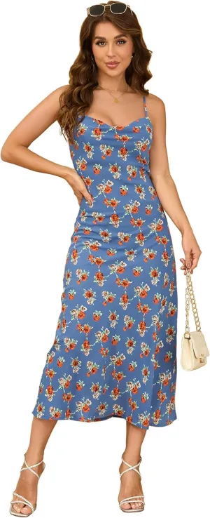 Women's Spaghetti Strap Midi Satin Silk Dresses Slip Cowl Neck Party Cocktail Evening Sexy Dress