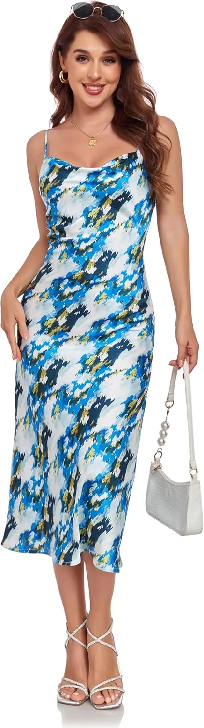 Women's Spaghetti Strap Midi Satin Silk Dresses Slip Cowl Neck Party Cocktail Evening Sexy Dress