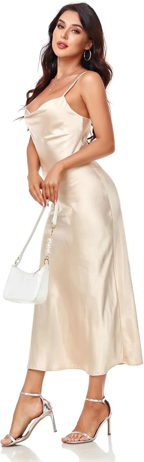Women's Spaghetti Strap Midi Satin Silk Dresses Slip Cowl Neck Party Cocktail Evening Sexy Dress