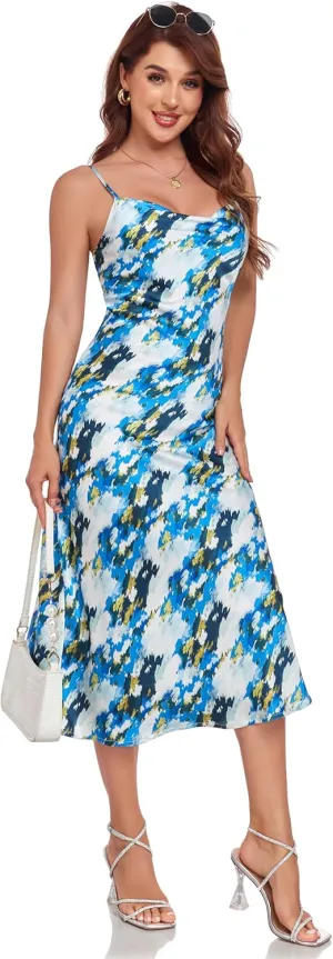 Women's Spaghetti Strap Midi Satin Silk Dresses Slip Cowl Neck Party Cocktail Evening Sexy Dress