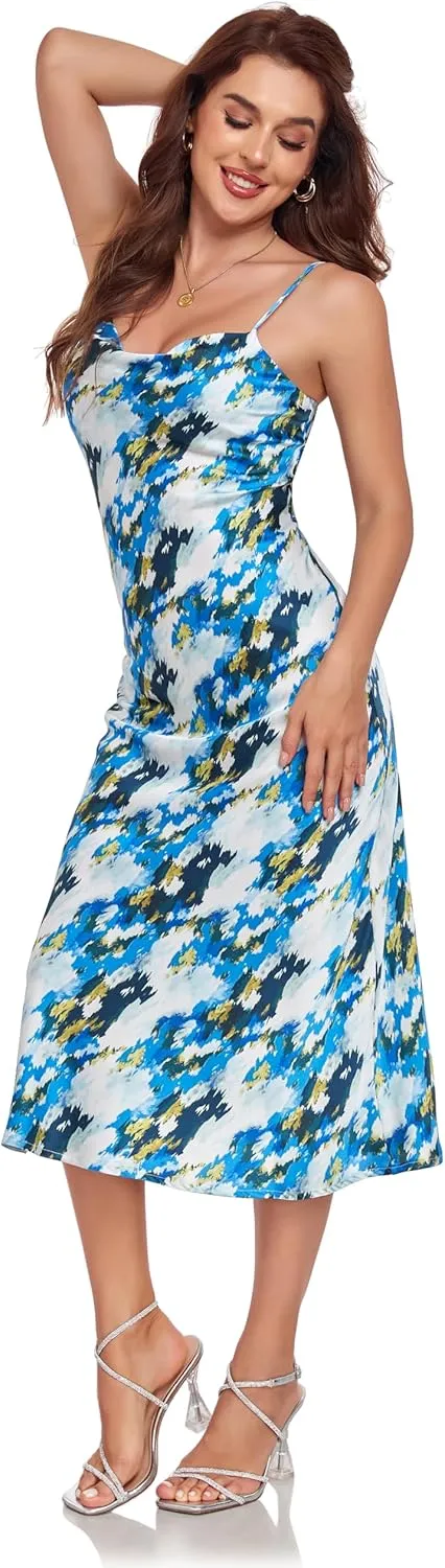 Women's Spaghetti Strap Midi Satin Silk Dresses Slip Cowl Neck Party Cocktail Evening Sexy Dress