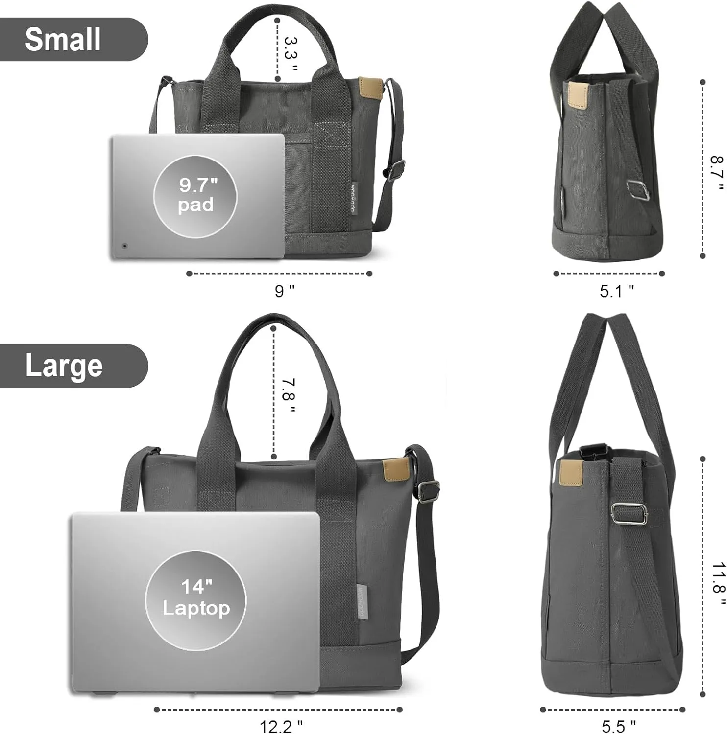 WOOMADA Canvas Tote Bag with Zipper, Small/Large Tote Bag for Women, Crossbody Bag, Hobo Bag, Messenger Bag