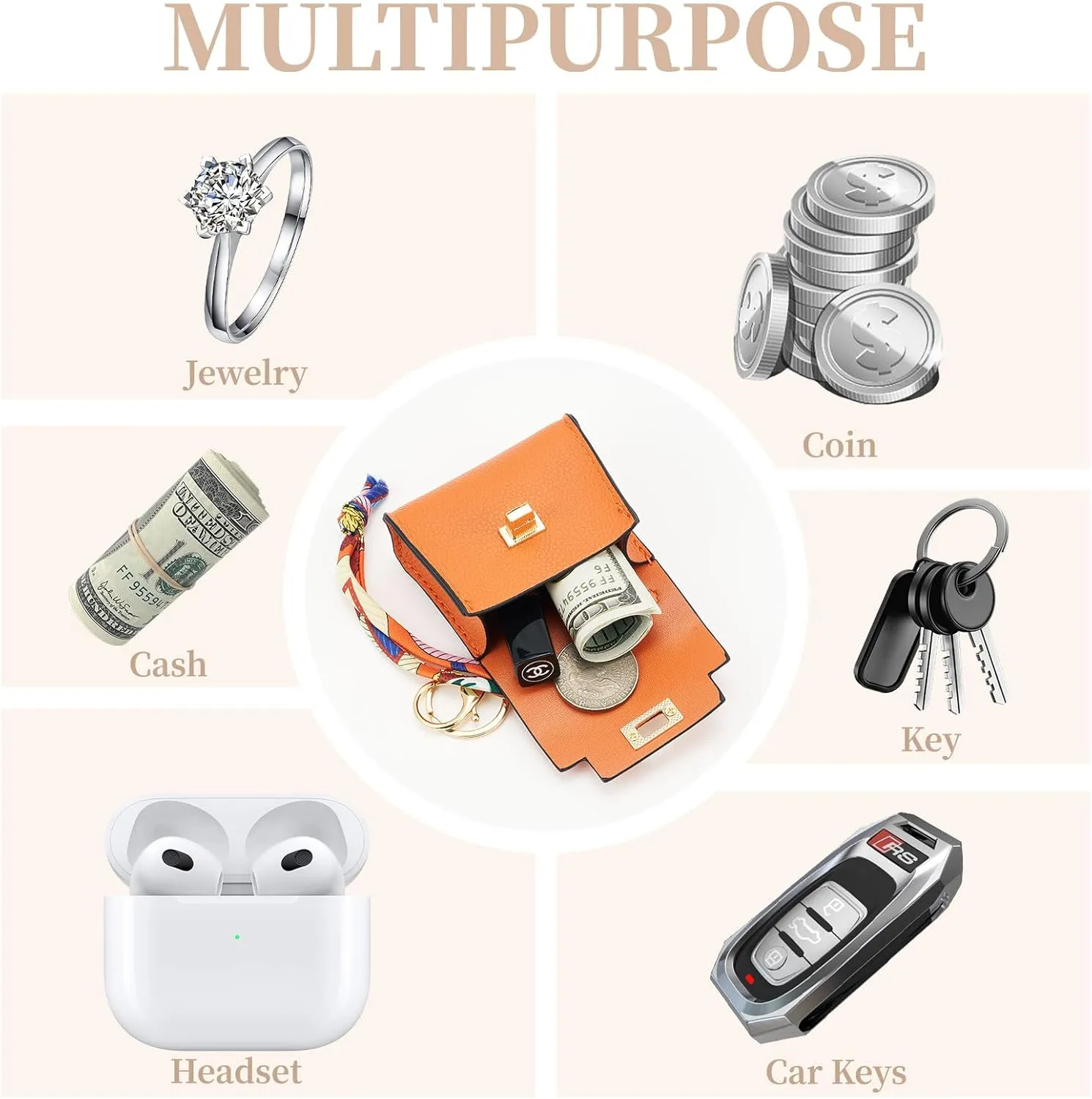 WOZEAH Mini Backpack Keychain for Women,Small Change Pouch Coin Purse Twist-lock with Key Headset Bag（Orange）