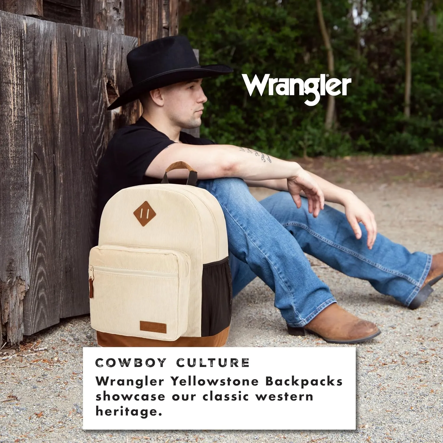 Wrangler Yellowstone Western-Style Backpack Corduroy Casual Daypack for Travel, Everyday Use with Padded Laptop Sleeve (Cream)