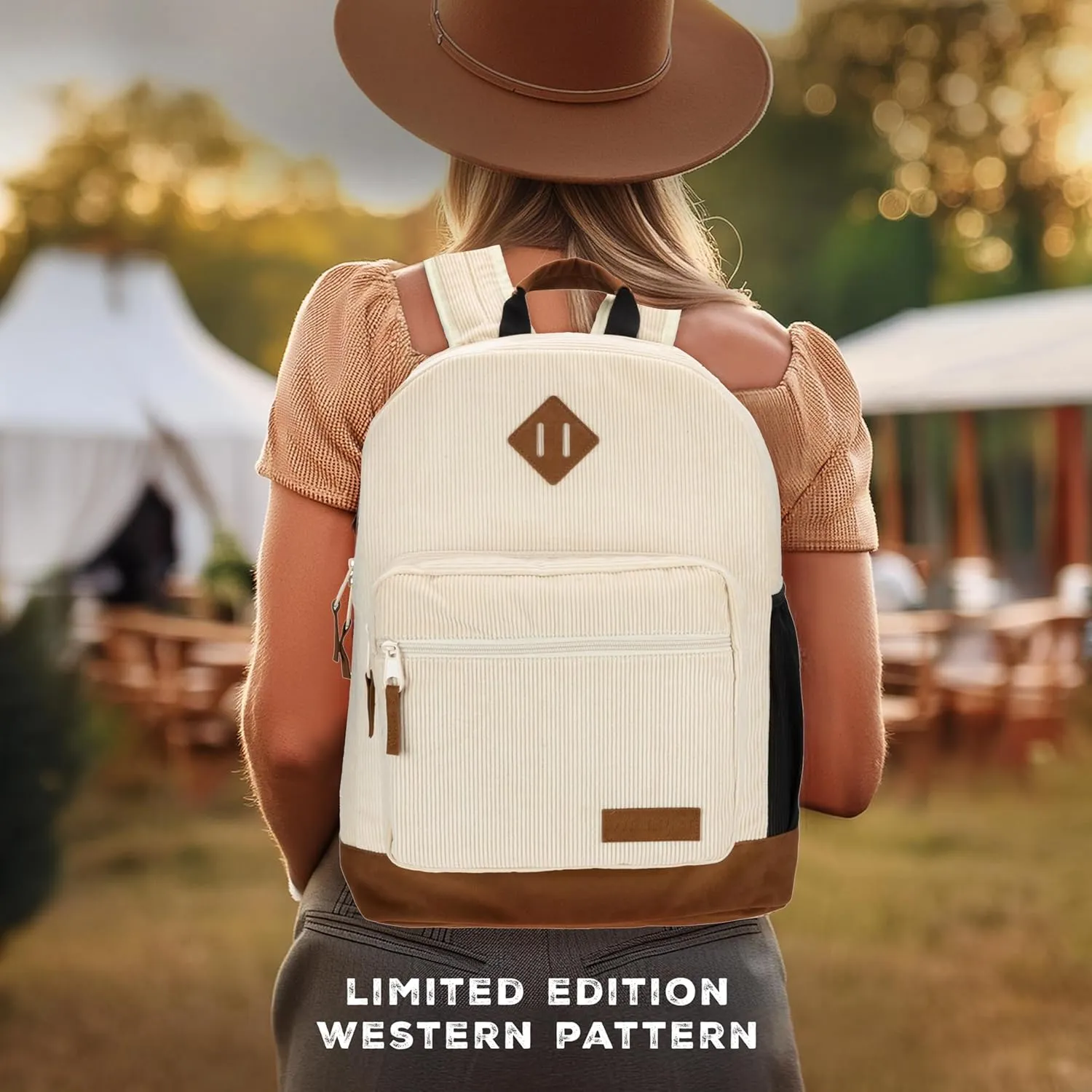 Wrangler Yellowstone Western-Style Backpack Corduroy Casual Daypack for Travel, Everyday Use with Padded Laptop Sleeve (Cream)