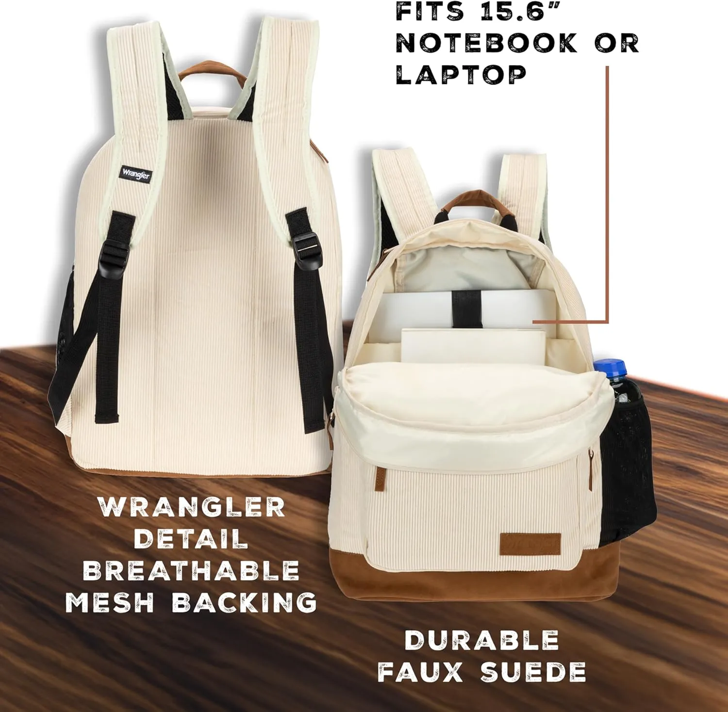 Wrangler Yellowstone Western-Style Backpack Corduroy Casual Daypack for Travel, Everyday Use with Padded Laptop Sleeve (Cream)