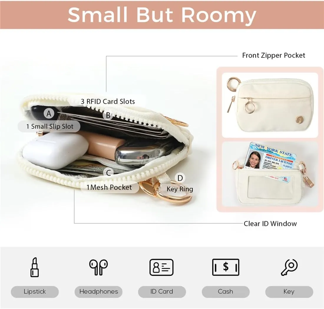 Wristlet Keychain Wallets for Women RFID Blocking Credit Card Holder Small Zipper Coin Purse Change Pouch with ID Window and Detachable Wrist Strap Beige