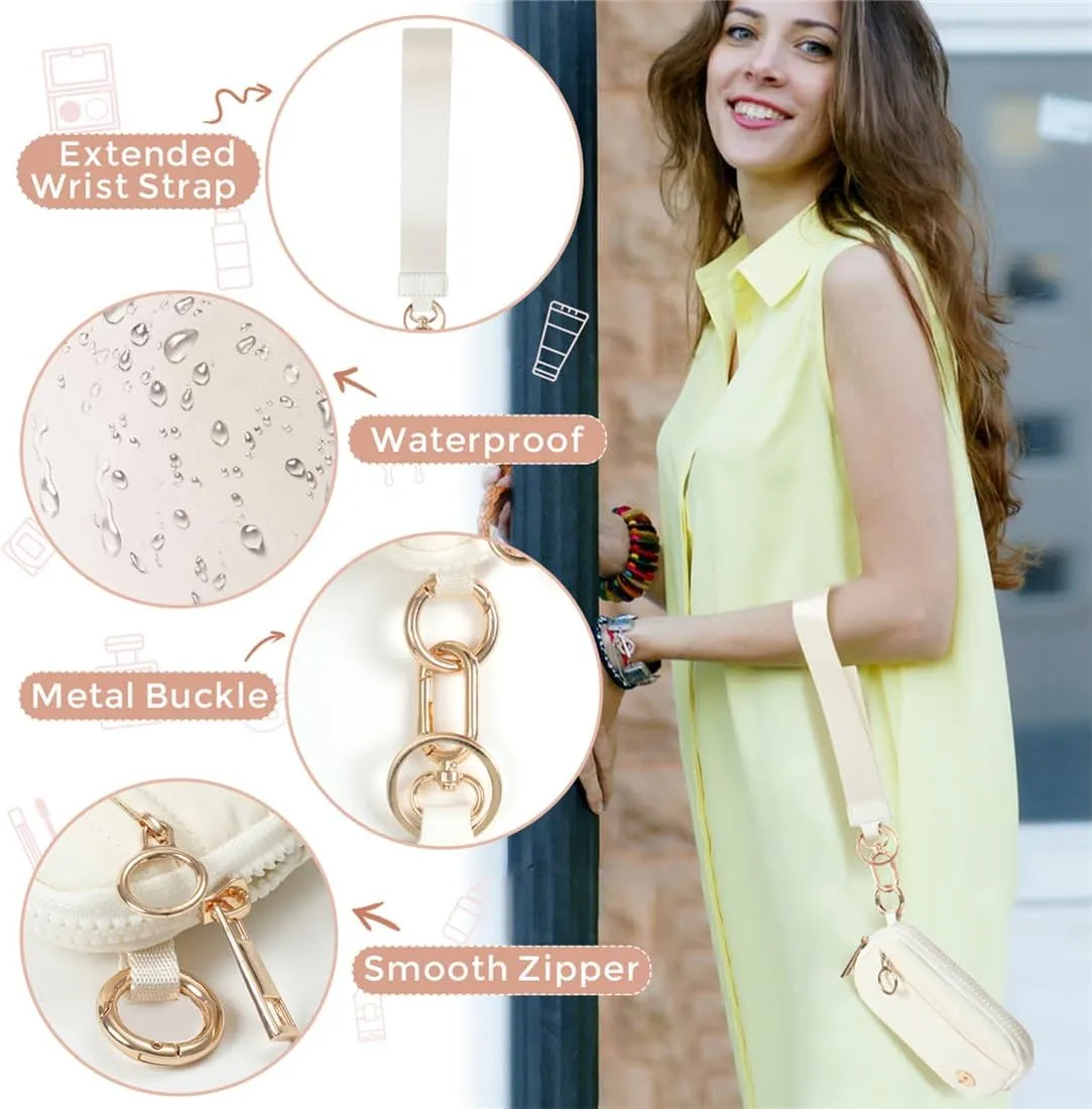 Wristlet Keychain Wallets for Women RFID Blocking Credit Card Holder Small Zipper Coin Purse Change Pouch with ID Window and Detachable Wrist Strap Beige