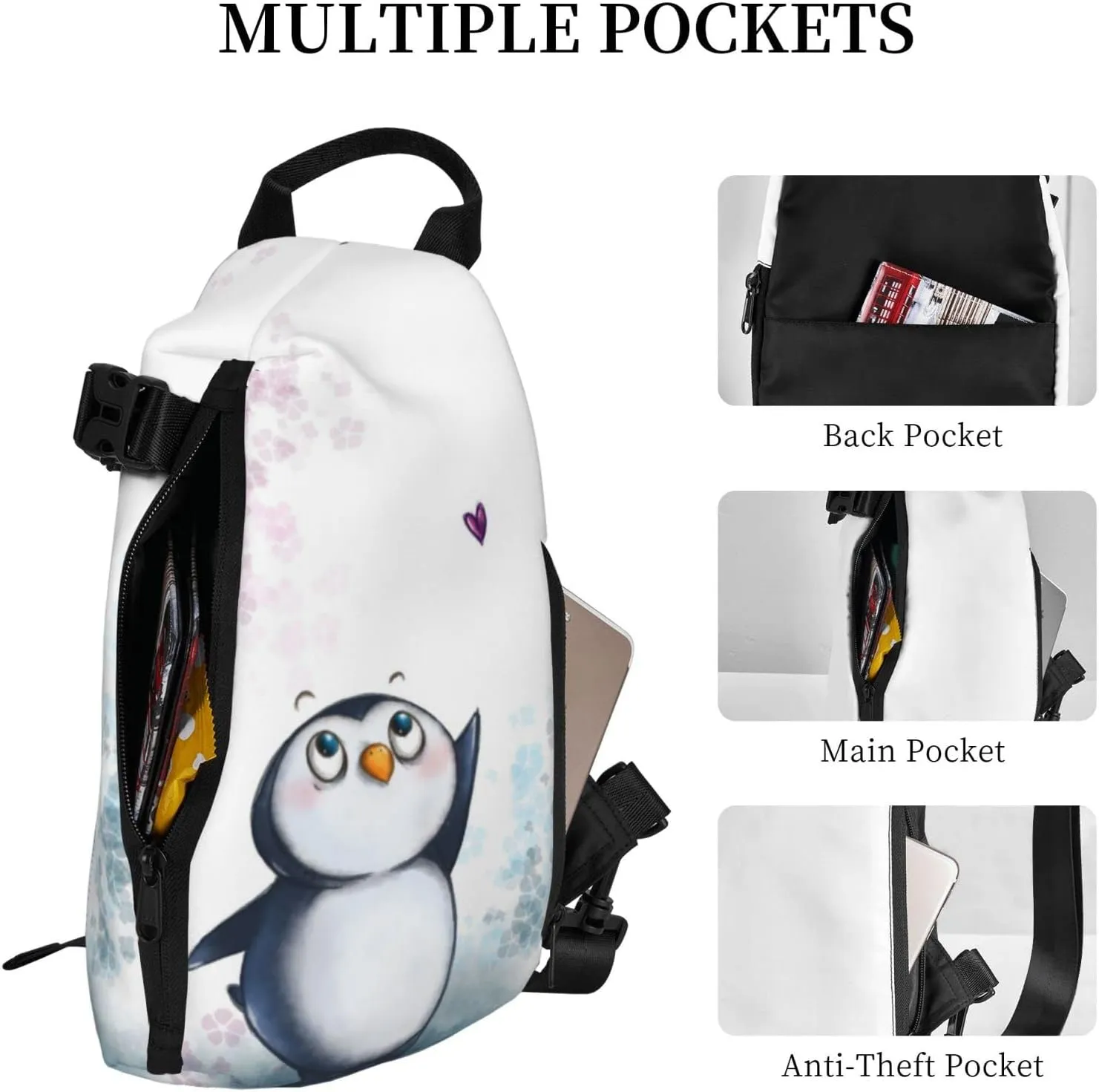 Wurton I Love Penguins Print Travel Crossbody Backpack Bag,Lightweight Sling Bag For Travel Unisex