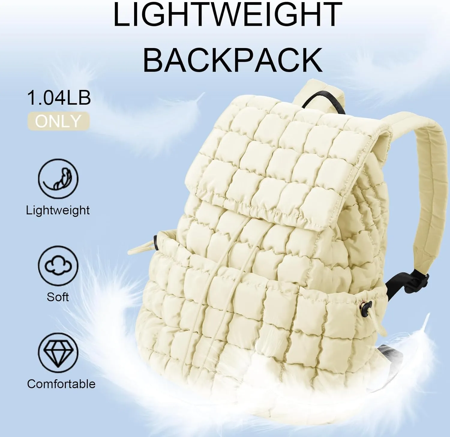 XSUIOY Quilted Backpack Purse for Women Small Lightweight Puffer Puffy College Laptop Backpack Nylon Casual Bookbag Daypack Top Flap Drawstring Padding Hiker Travel Gym Backpack(Beige)