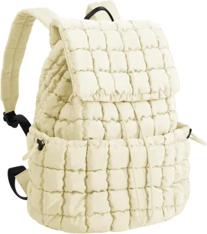 XSUIOY Quilted Backpack Purse for Women Small Lightweight Puffer Puffy College Laptop Backpack Nylon Casual Bookbag Daypack Top Flap Drawstring Padding Hiker Travel Gym Backpack(Beige)