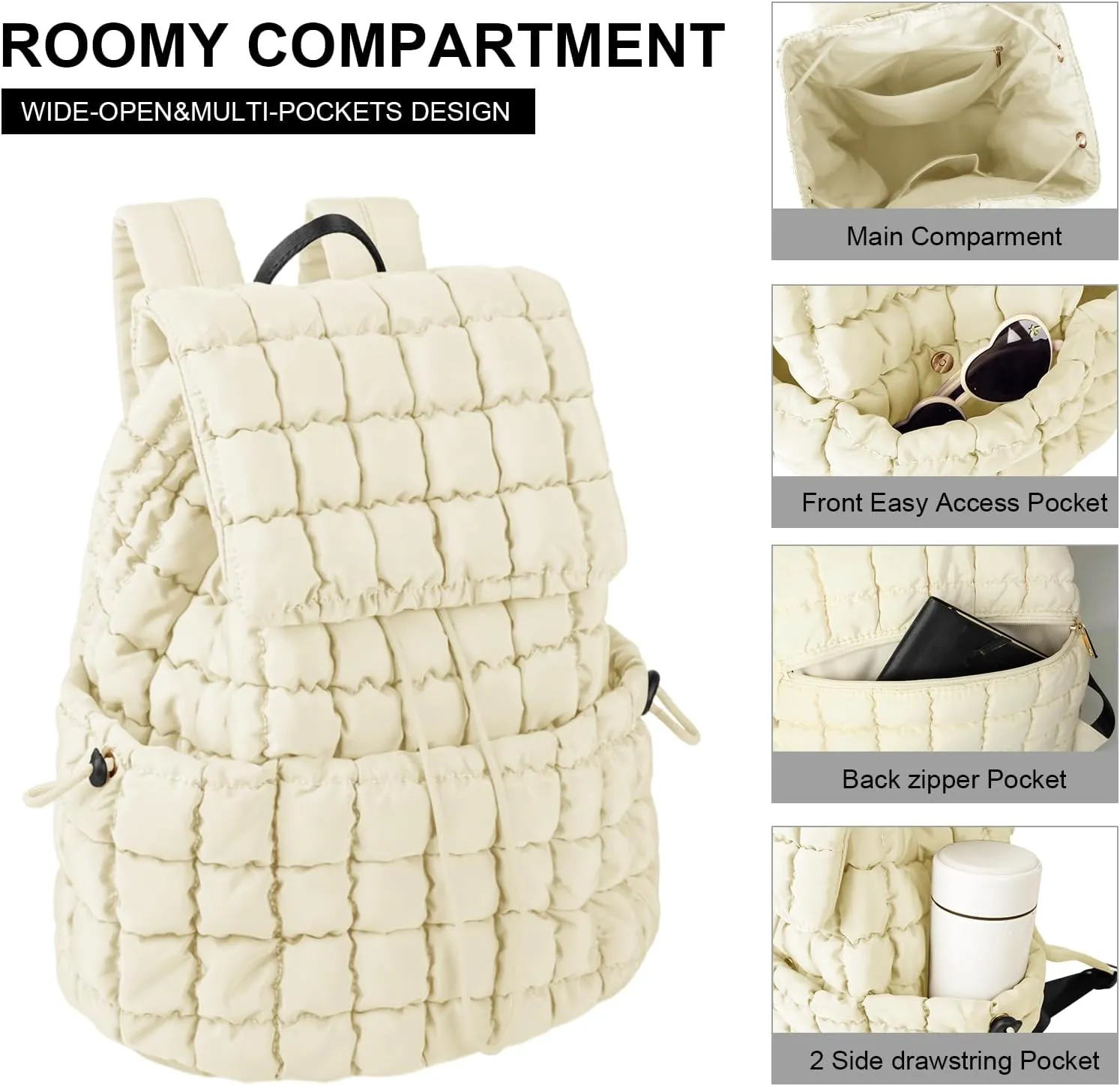 XSUIOY Quilted Backpack Purse for Women Small Lightweight Puffer Puffy College Laptop Backpack Nylon Casual Bookbag Daypack Top Flap Drawstring Padding Hiker Travel Gym Backpack(Beige)