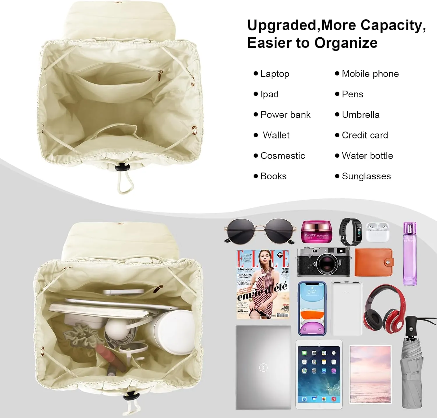 XSUIOY Quilted Backpack Purse for Women Small Lightweight Puffer Puffy College Laptop Backpack Nylon Casual Bookbag Daypack Top Flap Drawstring Padding Hiker Travel Gym Backpack(Beige)