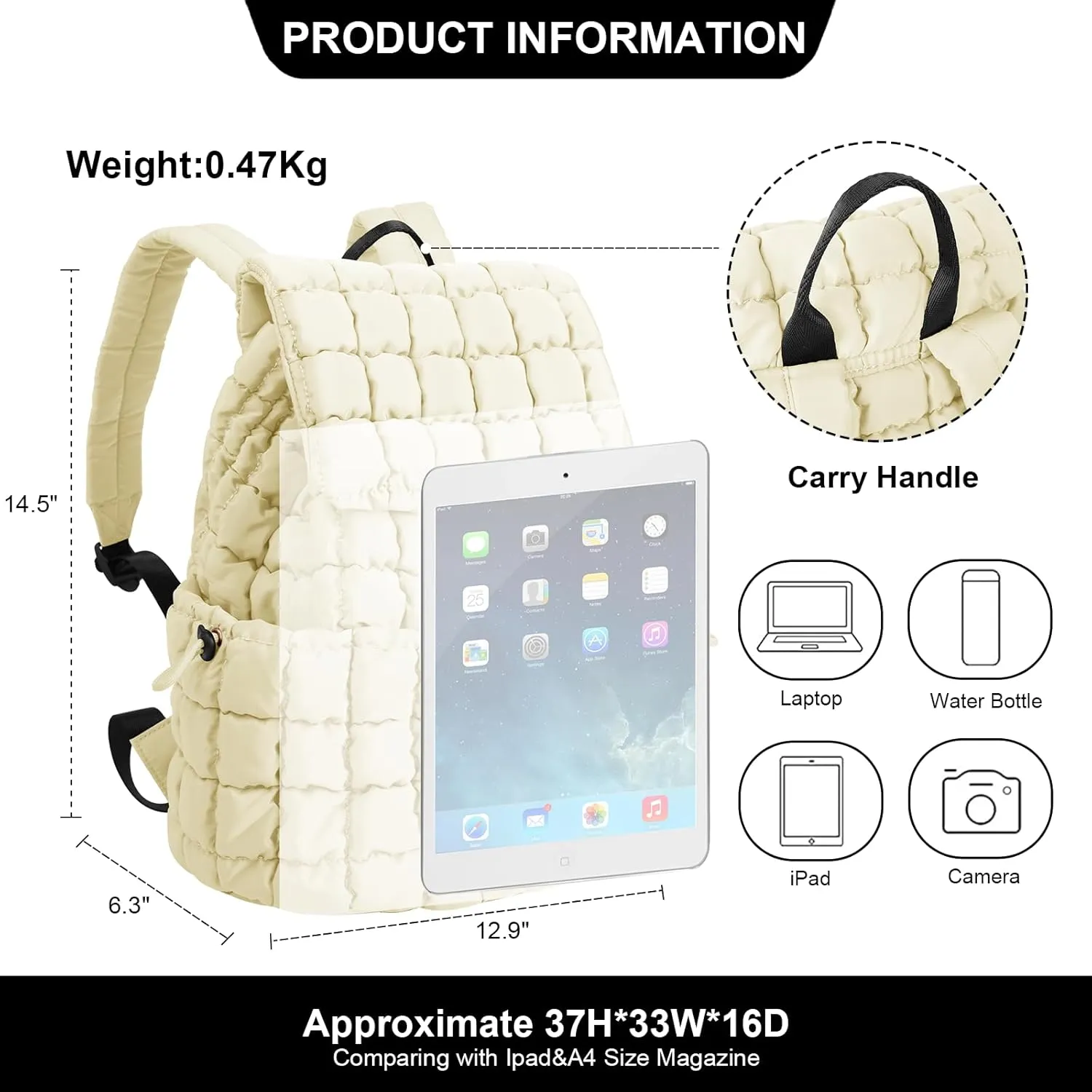 XSUIOY Quilted Backpack Purse for Women Small Lightweight Puffer Puffy College Laptop Backpack Nylon Casual Bookbag Daypack Top Flap Drawstring Padding Hiker Travel Gym Backpack(Beige)