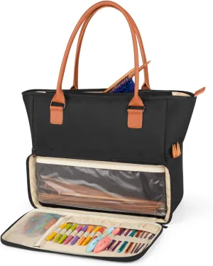 Yarwo Knitting Tote Bag with Pockets for WIP Projects, Yarn Storage Organizer Bag for 14” Knitting Needles, Skeins of Yarn and Crochet Hooks, Black