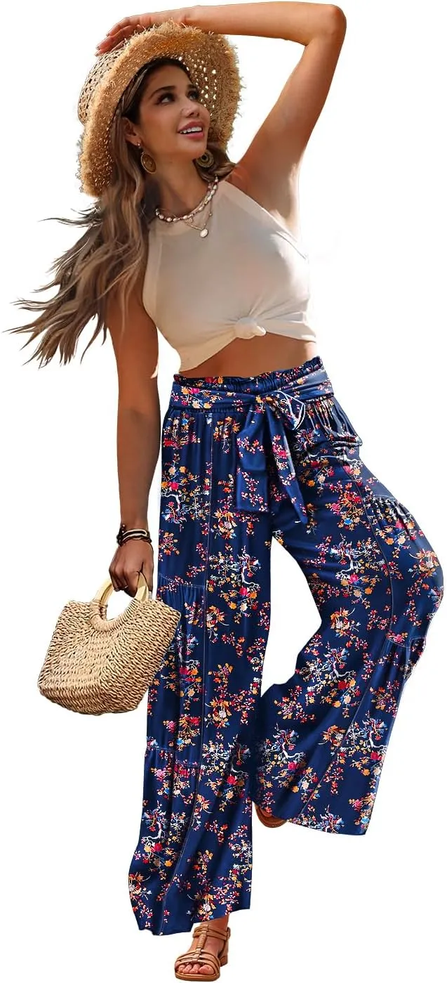 YESNO Wide Leg Pants for Women Elastic High Waisted Floral Boho Flowy Palazzo Pants Casual Tie Knot Long Trousers PP1