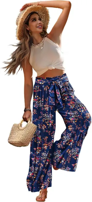 YESNO Wide Leg Pants for Women Elastic High Waisted Floral Boho Flowy Palazzo Pants Casual Tie Knot Long Trousers PP1