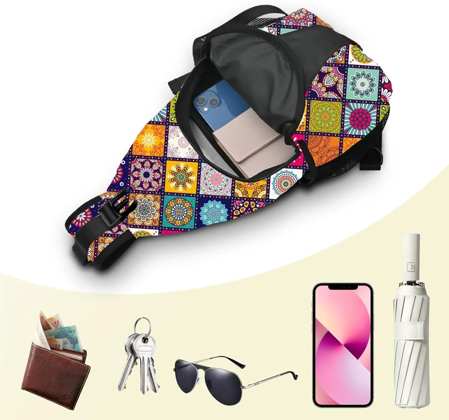 Yrebyou Ethnic Style Chest Sling Bag Crossbody Backpack Travel Hiking for Women Men Multipurpose Lightweight Fashion Shoulder Bag for Biking Climbing Runner