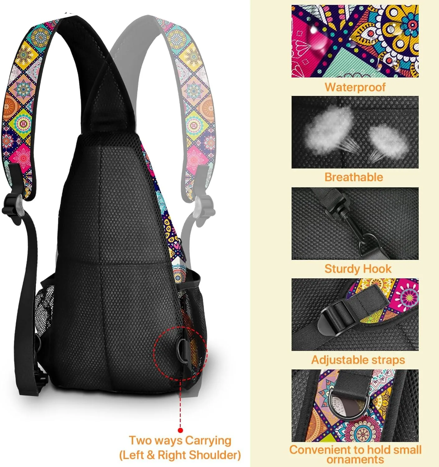 Yrebyou Ethnic Style Chest Sling Bag Crossbody Backpack Travel Hiking for Women Men Multipurpose Lightweight Fashion Shoulder Bag for Biking Climbing Runner