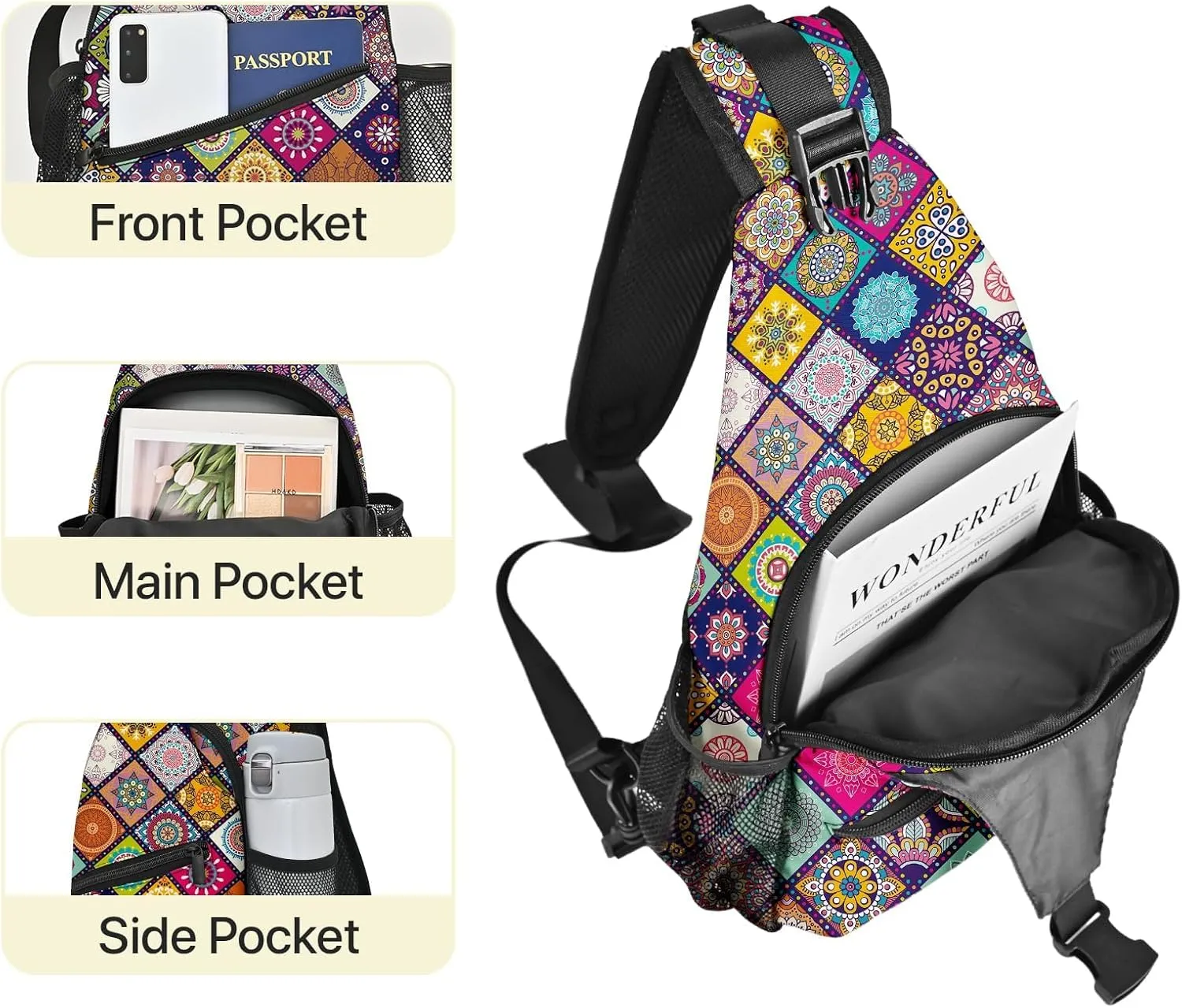Yrebyou Ethnic Style Chest Sling Bag Crossbody Backpack Travel Hiking for Women Men Multipurpose Lightweight Fashion Shoulder Bag for Biking Climbing Runner