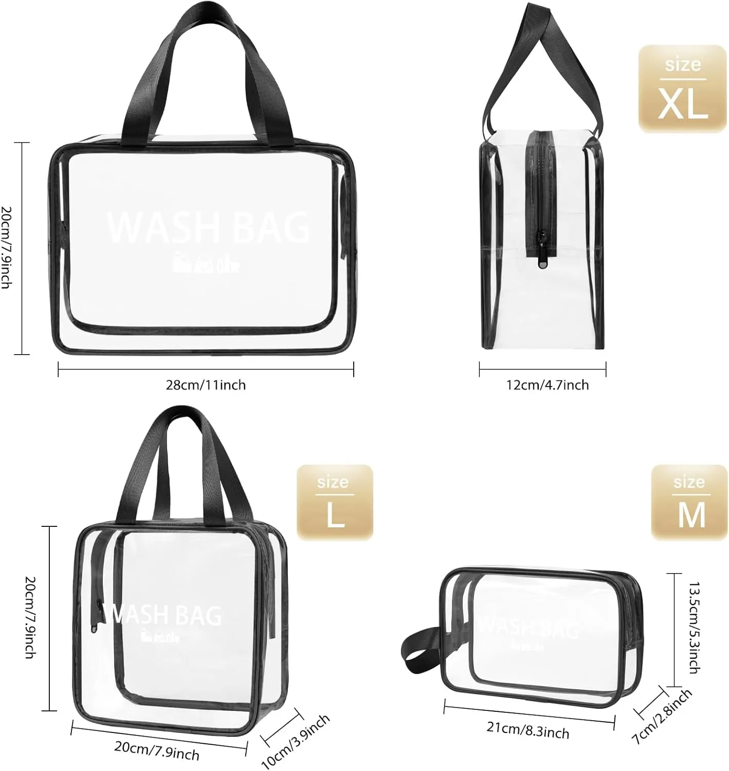 ZIOISNM 3 Pieces Clear Toiletry Bag for Women, Waterproof Clear Makeup Bag with Handles, PVC Travel Plastic Tote Bags, Travel Essentials (Black)