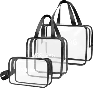 ZIOISNM 3 Pieces Clear Toiletry Bag for Women, Waterproof Clear Makeup Bag with Handles, PVC Travel Plastic Tote Bags, Travel Essentials (Black)
