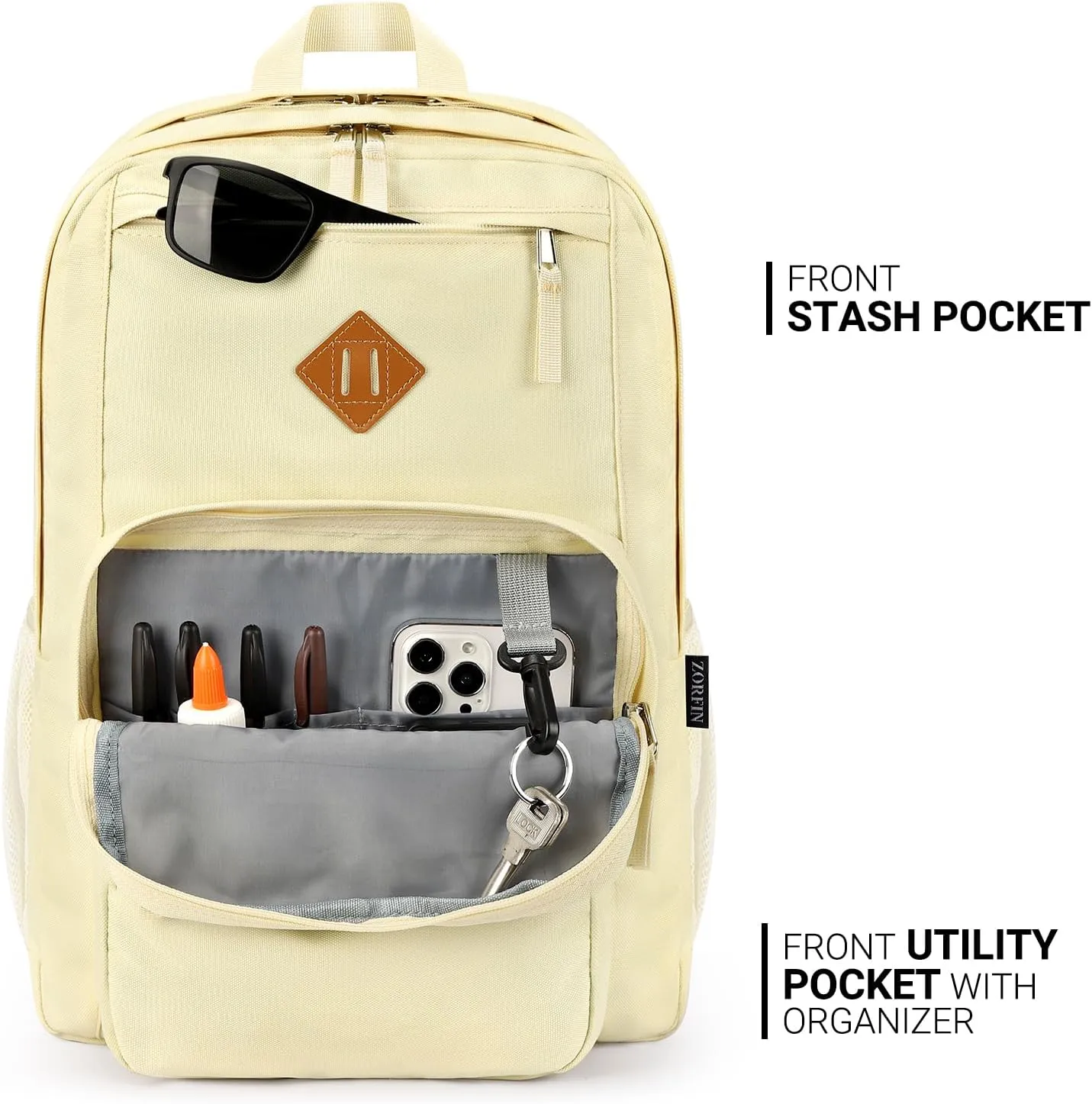 ZORFIN 26L Backpack for School, College, and Travel: Water Resistant Bookbag with 8 Compartments - Beige