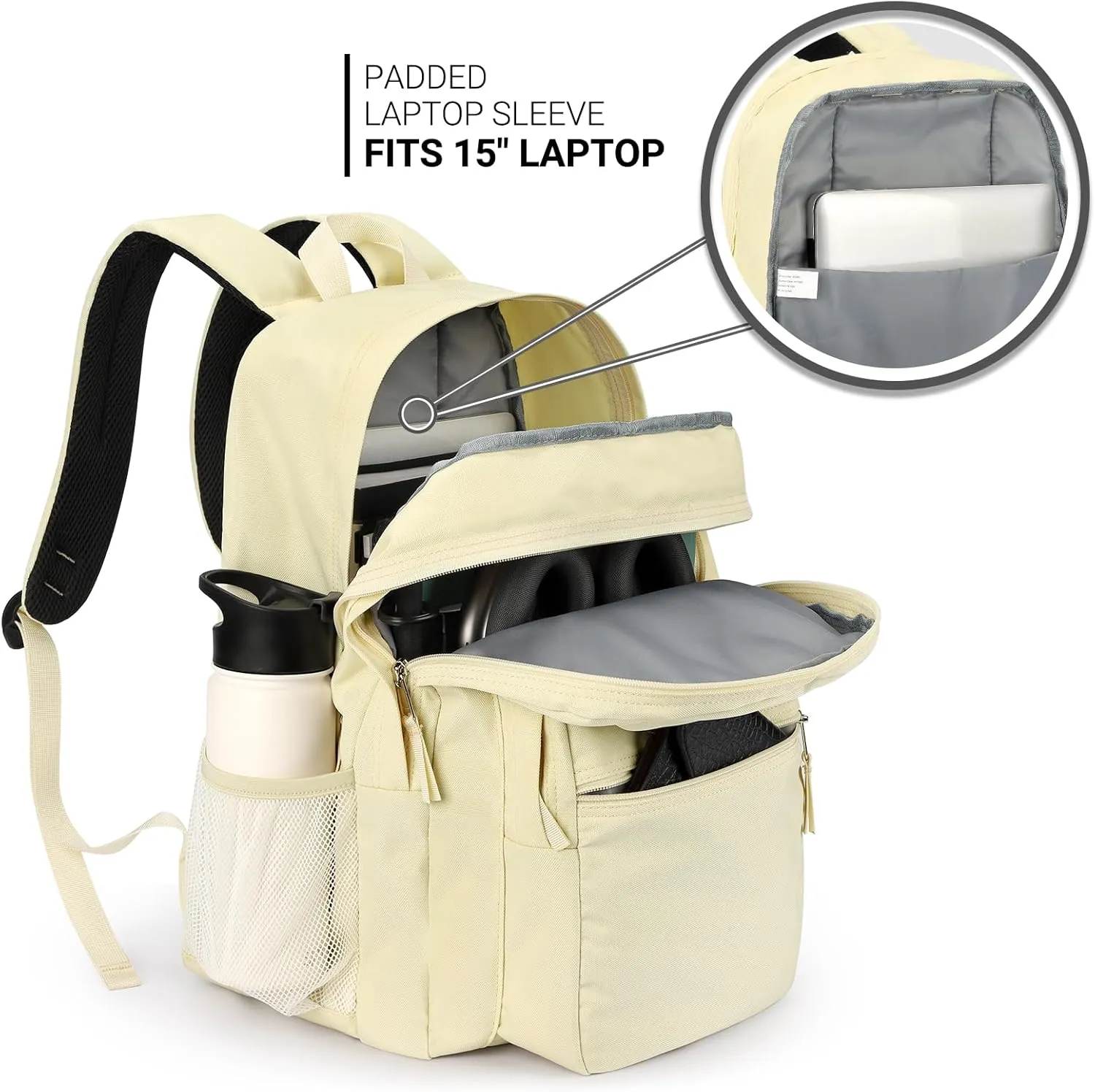 ZORFIN 26L Backpack for School, College, and Travel: Water Resistant Bookbag with 8 Compartments - Beige